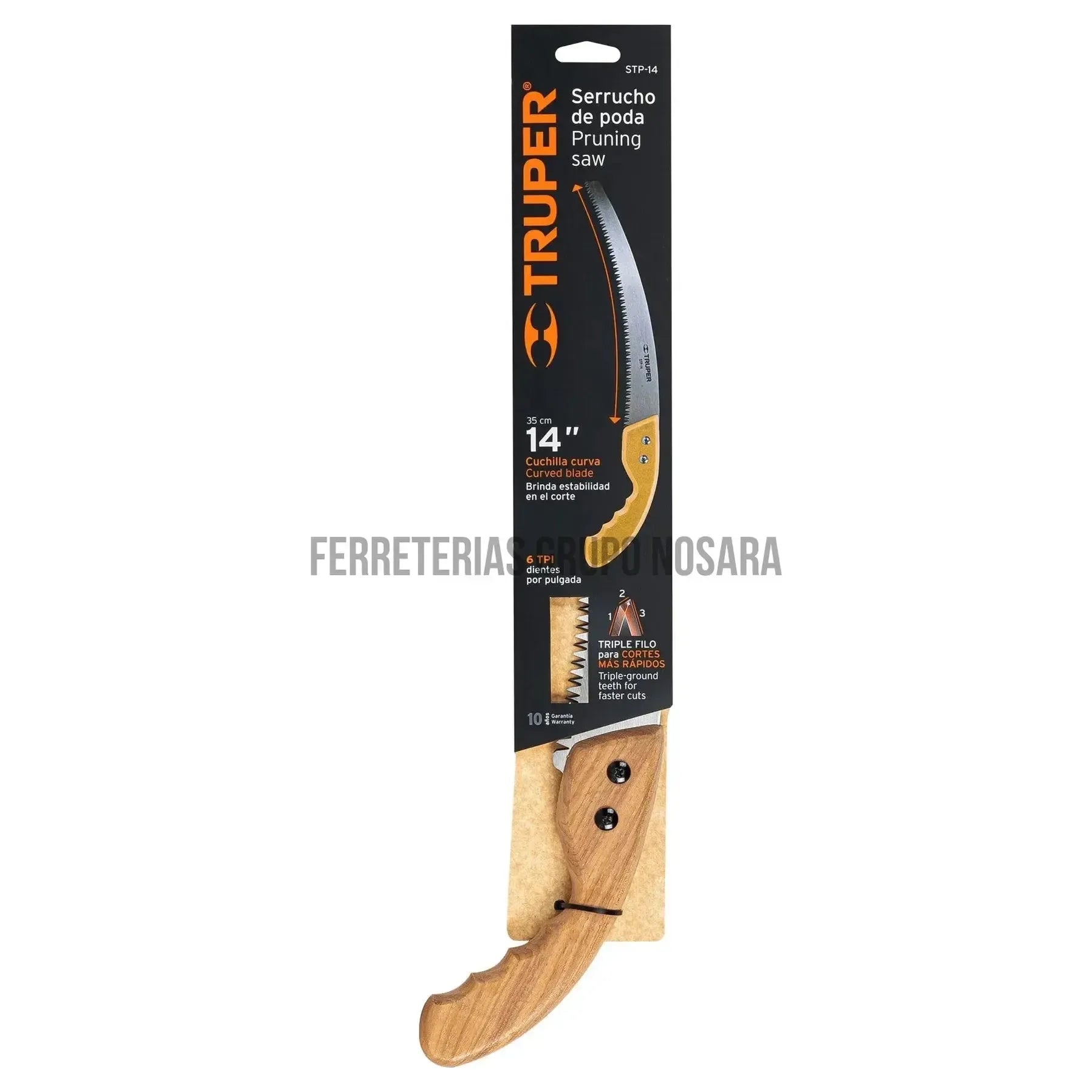 Serrucho de poda 14" hoja curva 6 DPP, mango madera, Truper / 18172-