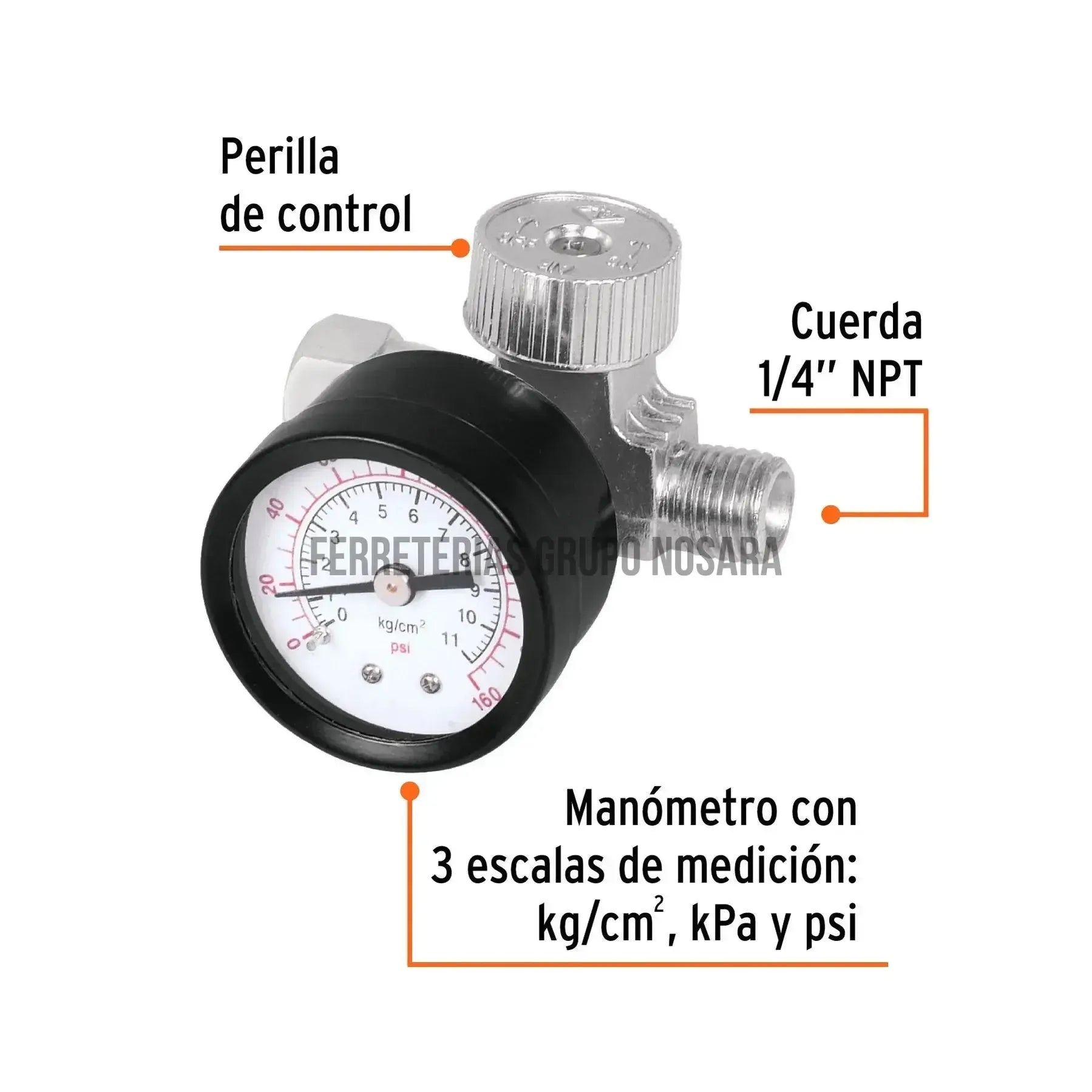 Regulador de aire con manómetro, cuerda 1/4 NPT, Truper / 19239-