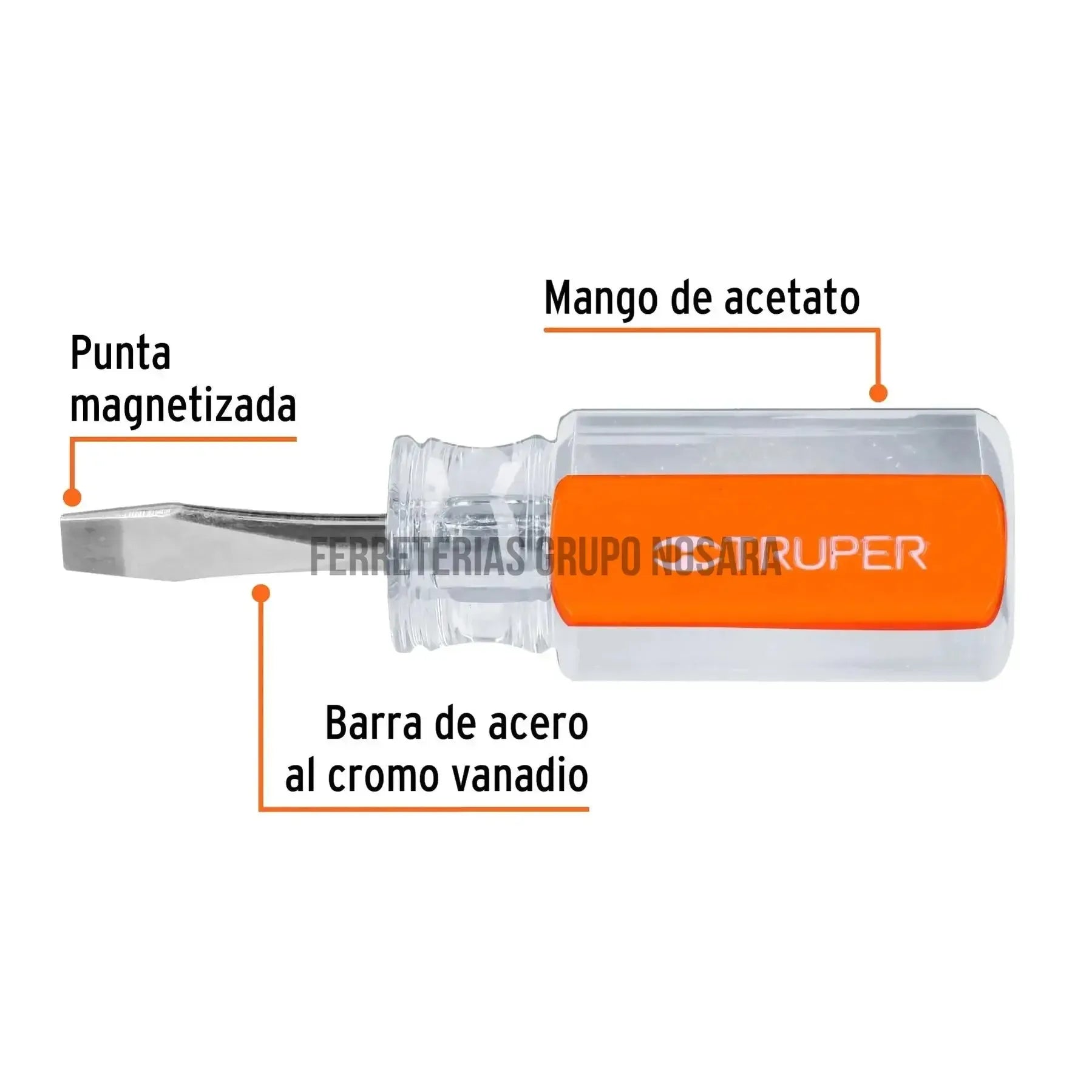 Desarmador plano 1/4" x 1-1/2" mango de acetato, Truper 7 13993-