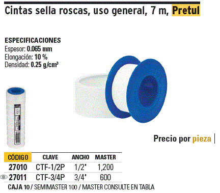 Cinta sella roscas 3/4' X 7 m de largo, Pretul / TEFLON / 27011-