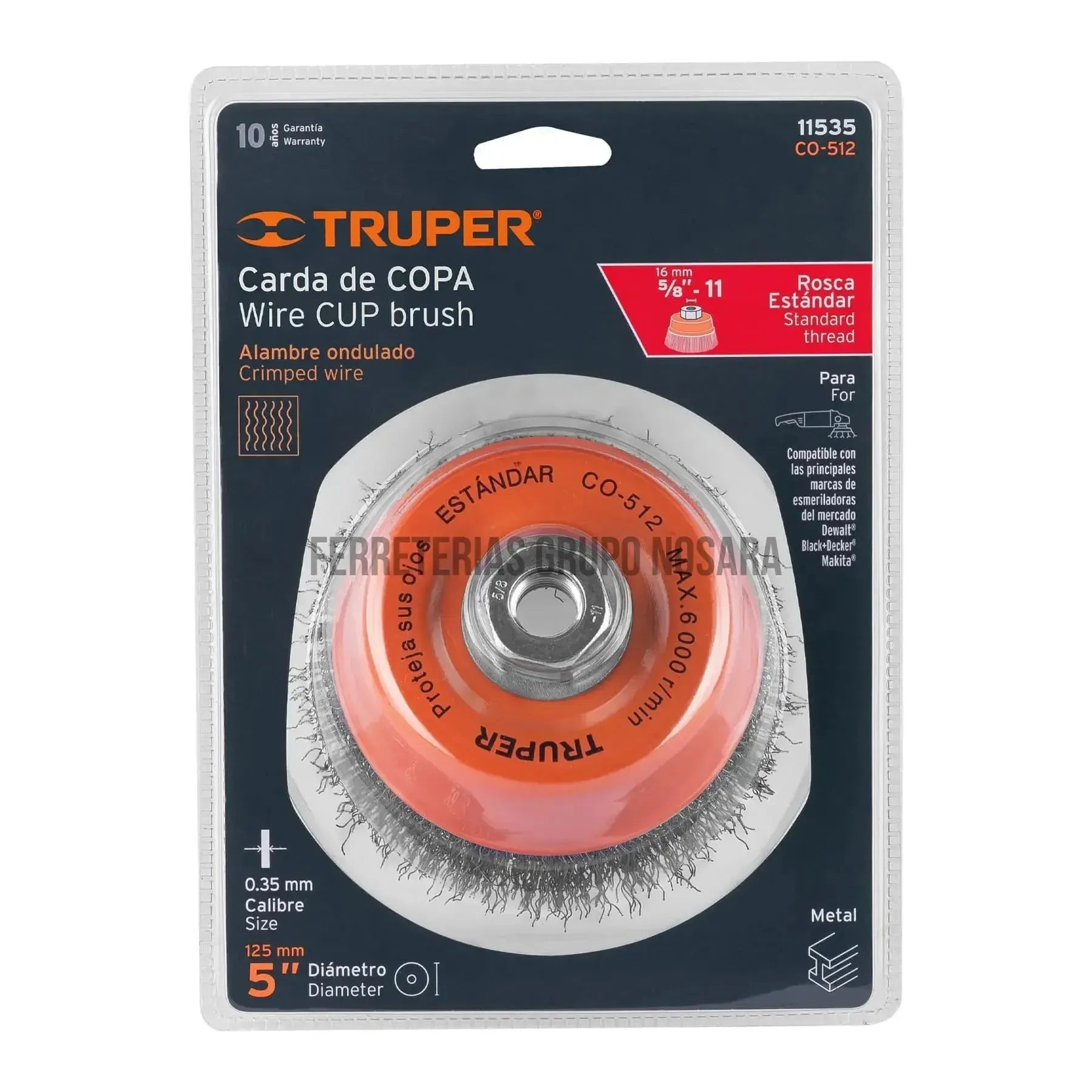 Carda copa 5" alambre ondulado fino, eje 5/8"-11, Truper / 11535-