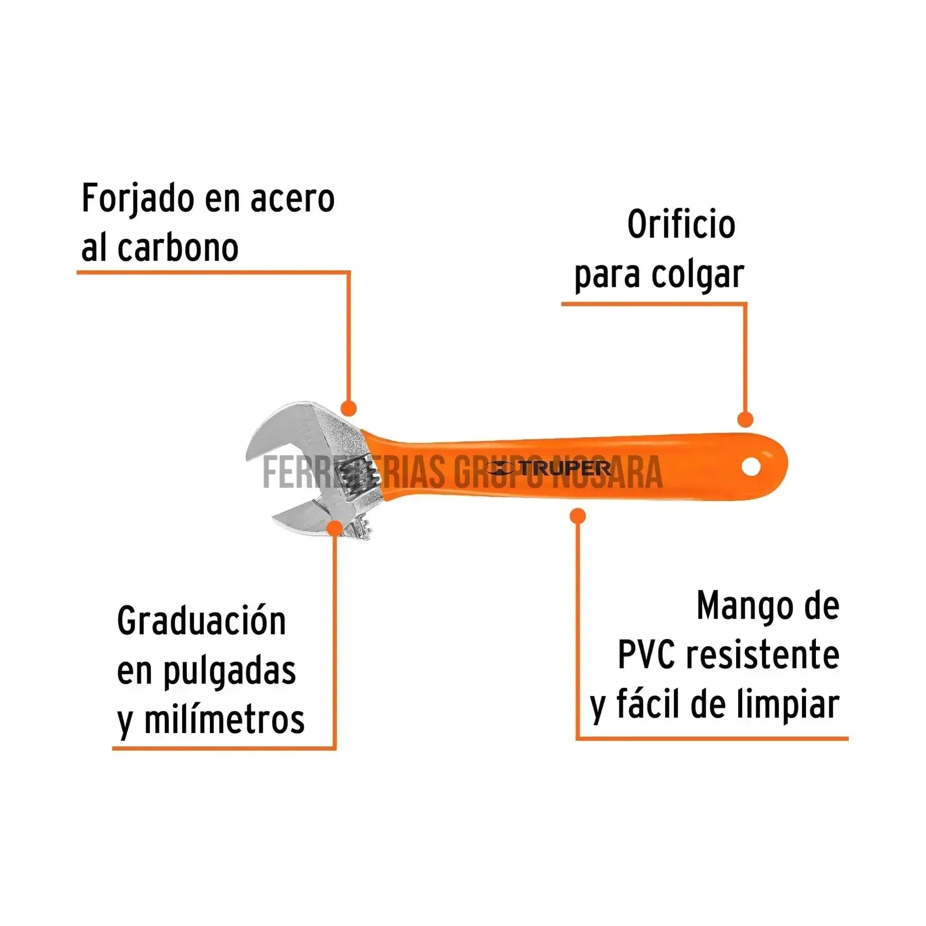 Llave ajustable (perico) 10" cromada mango de PVC, Truper / 15511-