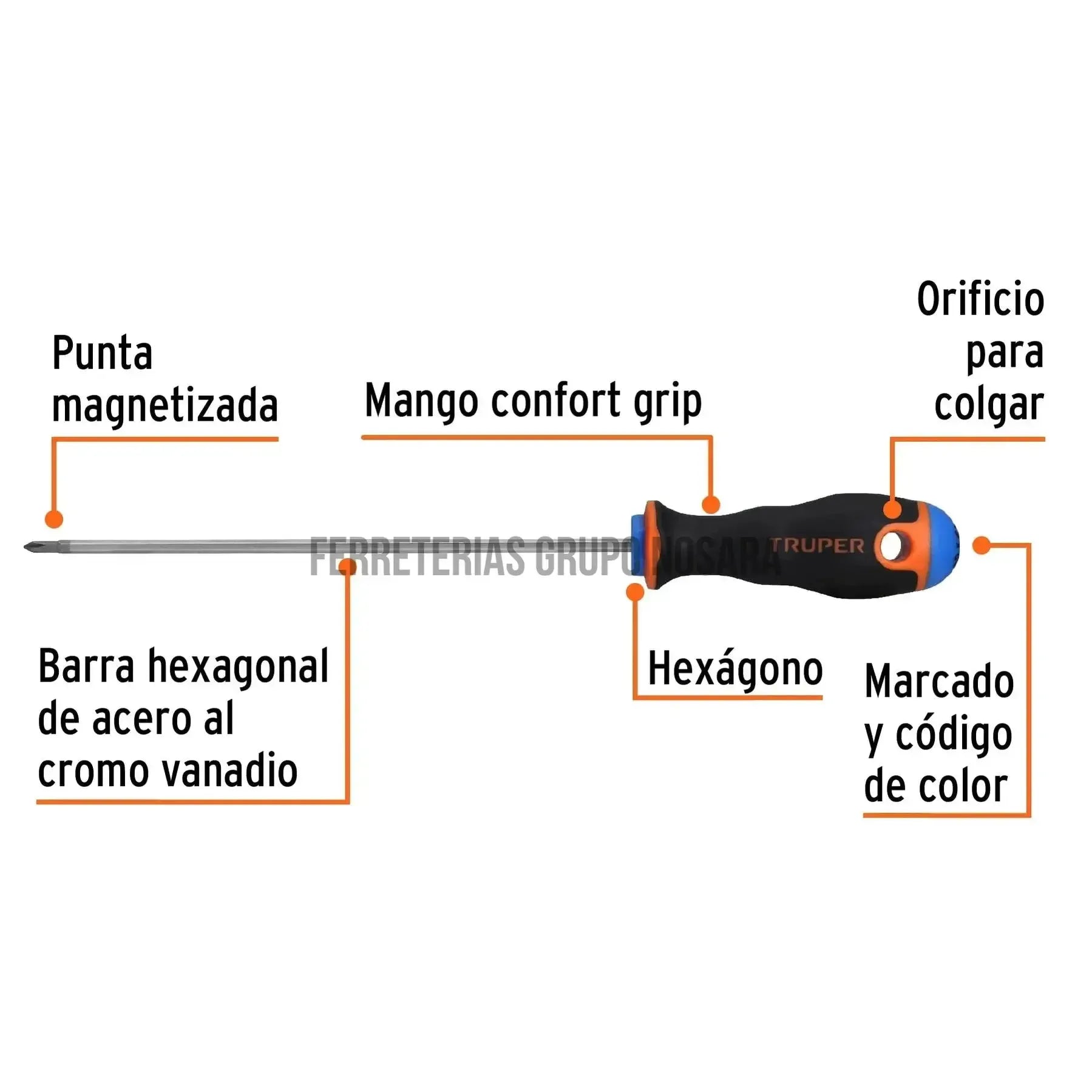 Desarmador de cruz 1/8" x 6" mango Comfort Grip, Truper / 14058-