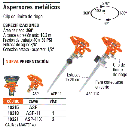 Aspersor metálico, cabeza sola, Truper / 10315-