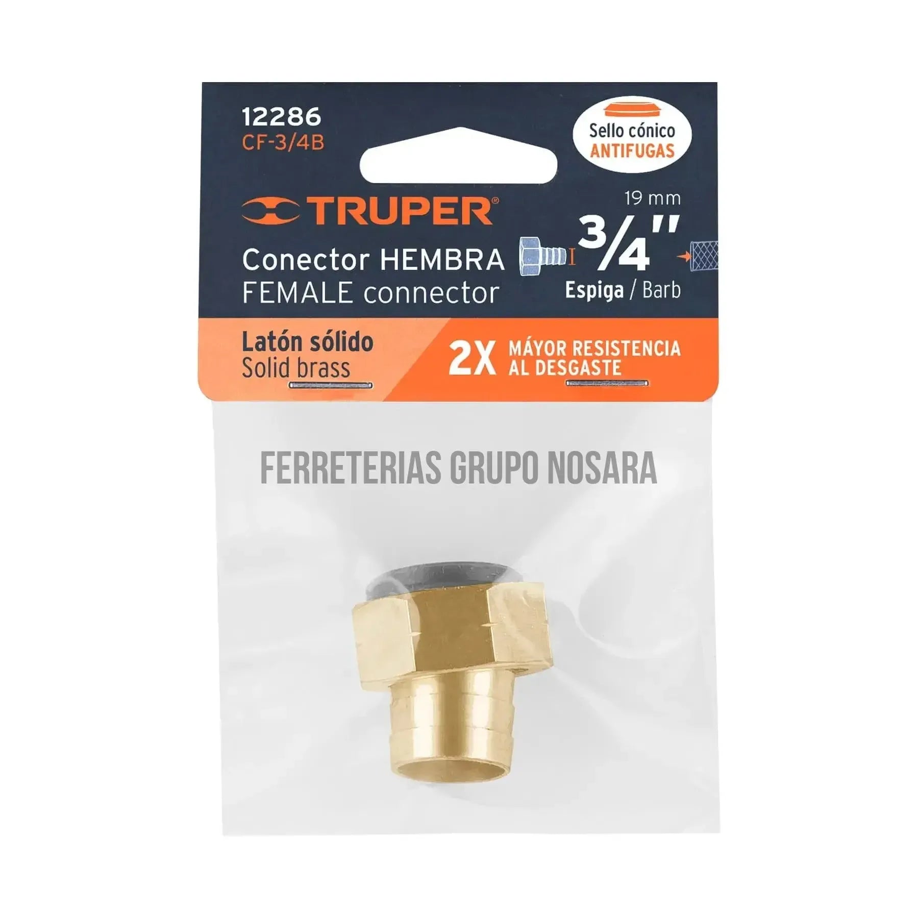 Conector 3/4' hembra de latón sólido para manguera, Truper / 12286-