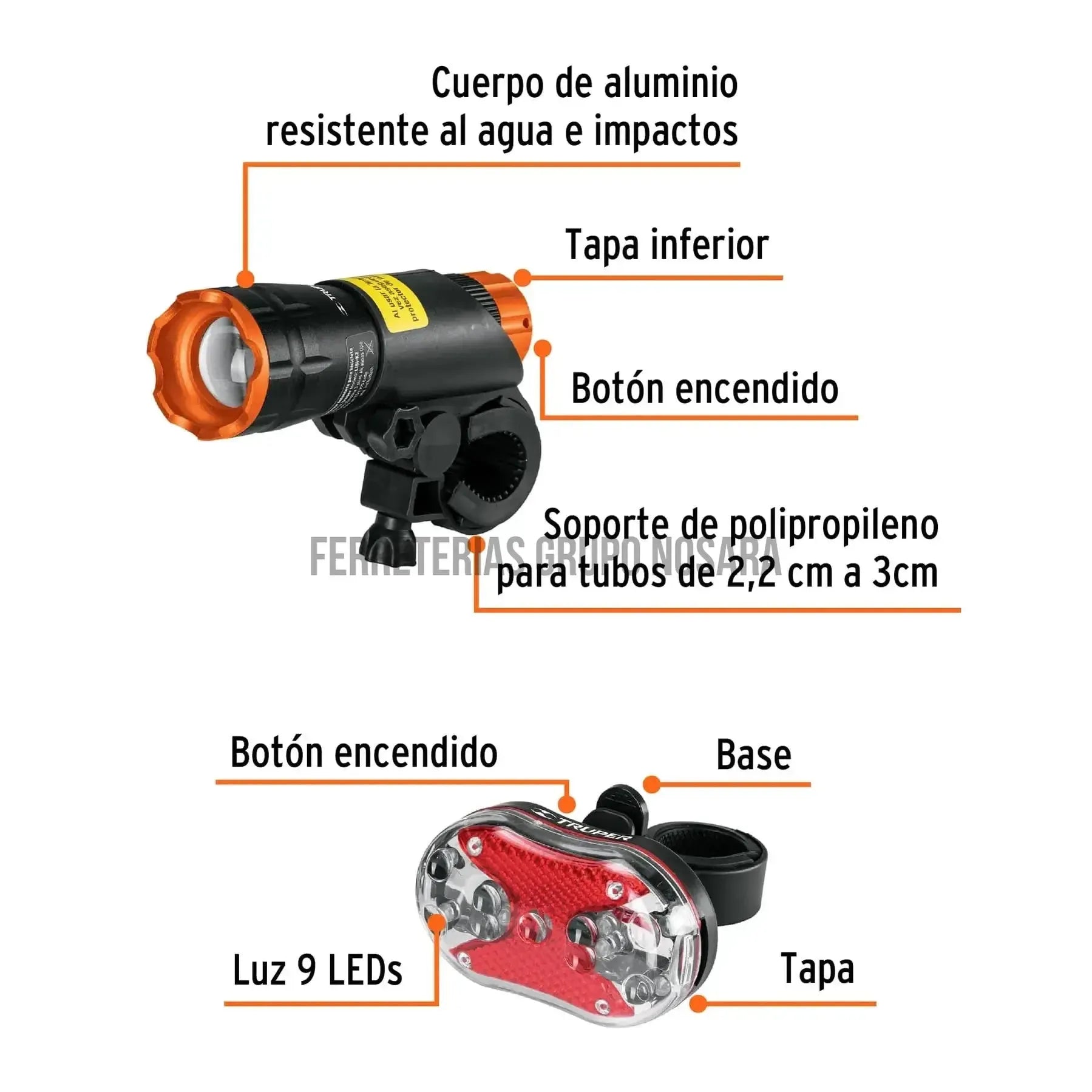 Juego de linterna delantera y trasera para bicicleta, Truper / 16798-