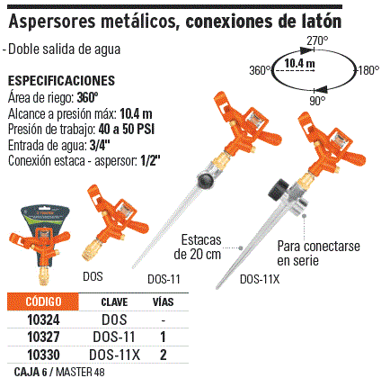 Aspersor metálico doble chorro, cabeza sola, Truper / 10324-