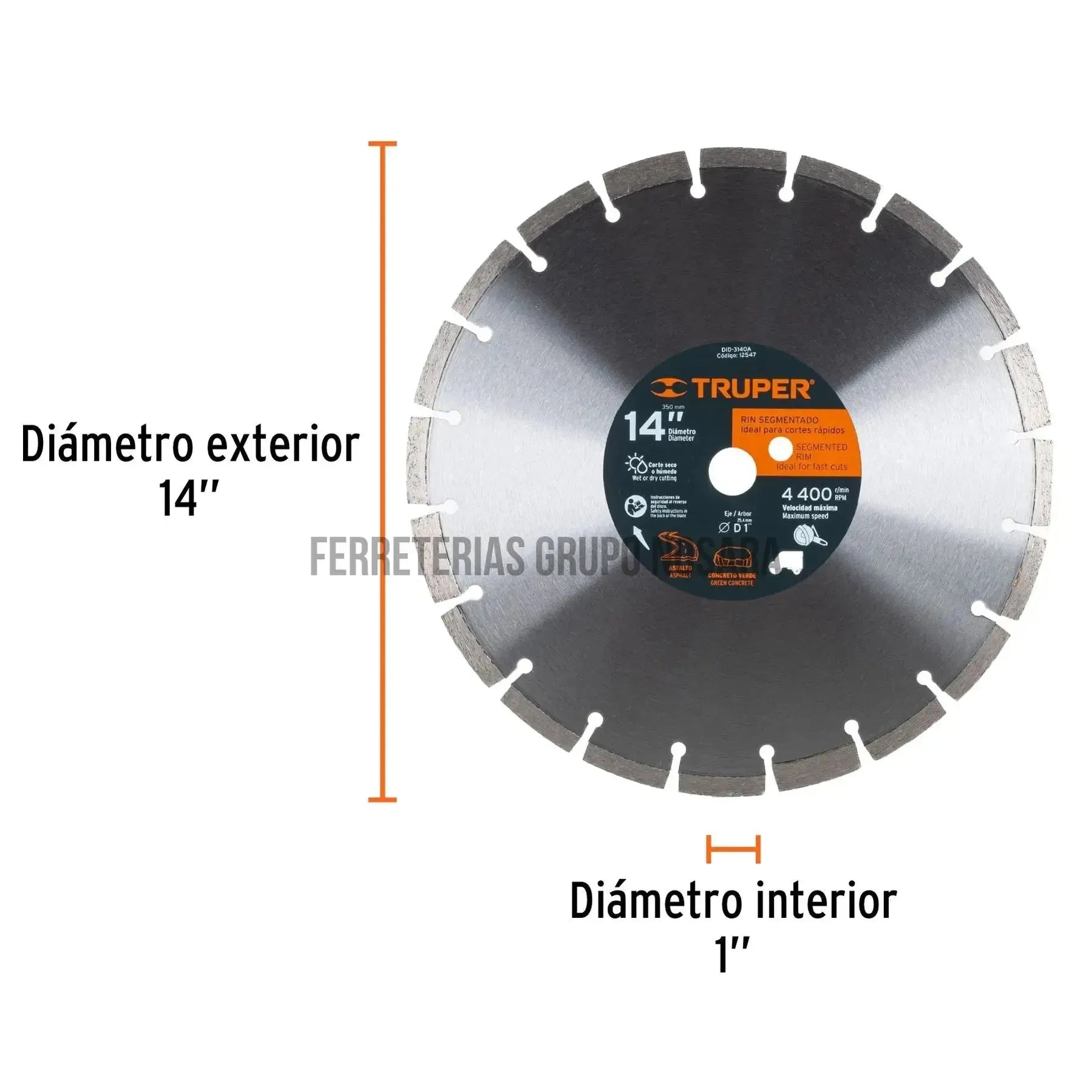 Disco de diamante de 14" x 2.8 mm corte asfalto y concreto / 12547-