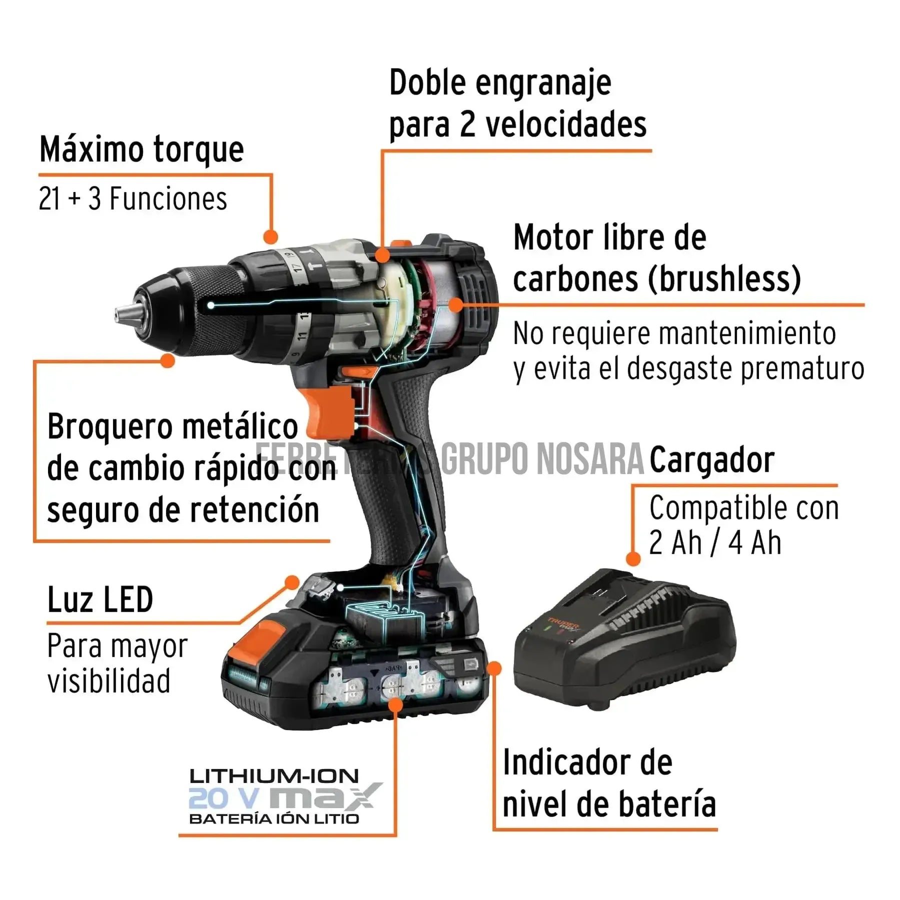 Rotomartillo inalámbrico 1/2", 20V, sin carbones, Truper MAX / 101453-