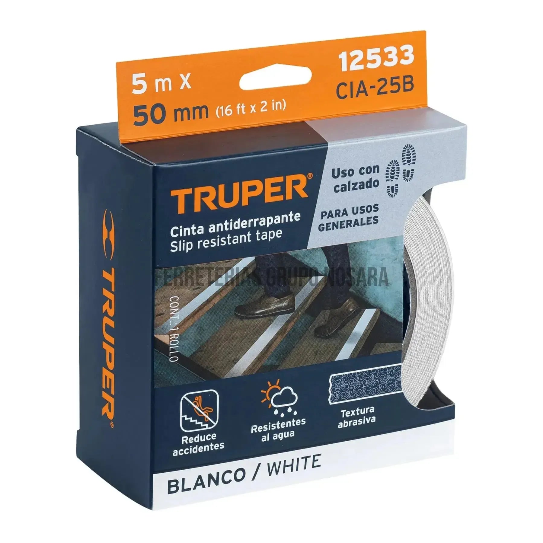 Rollo de 5m de cinta antiderrapante blanca 50mm con abrasivo / 12533-