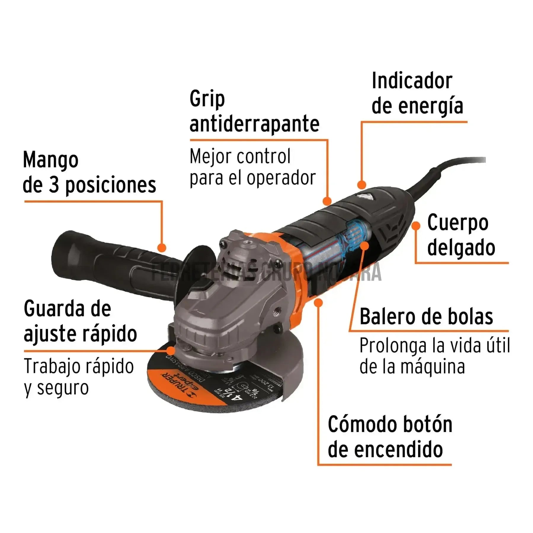 Esmeriladora angular 4-1/2" 850 W, ERGO-PRO, Truper-