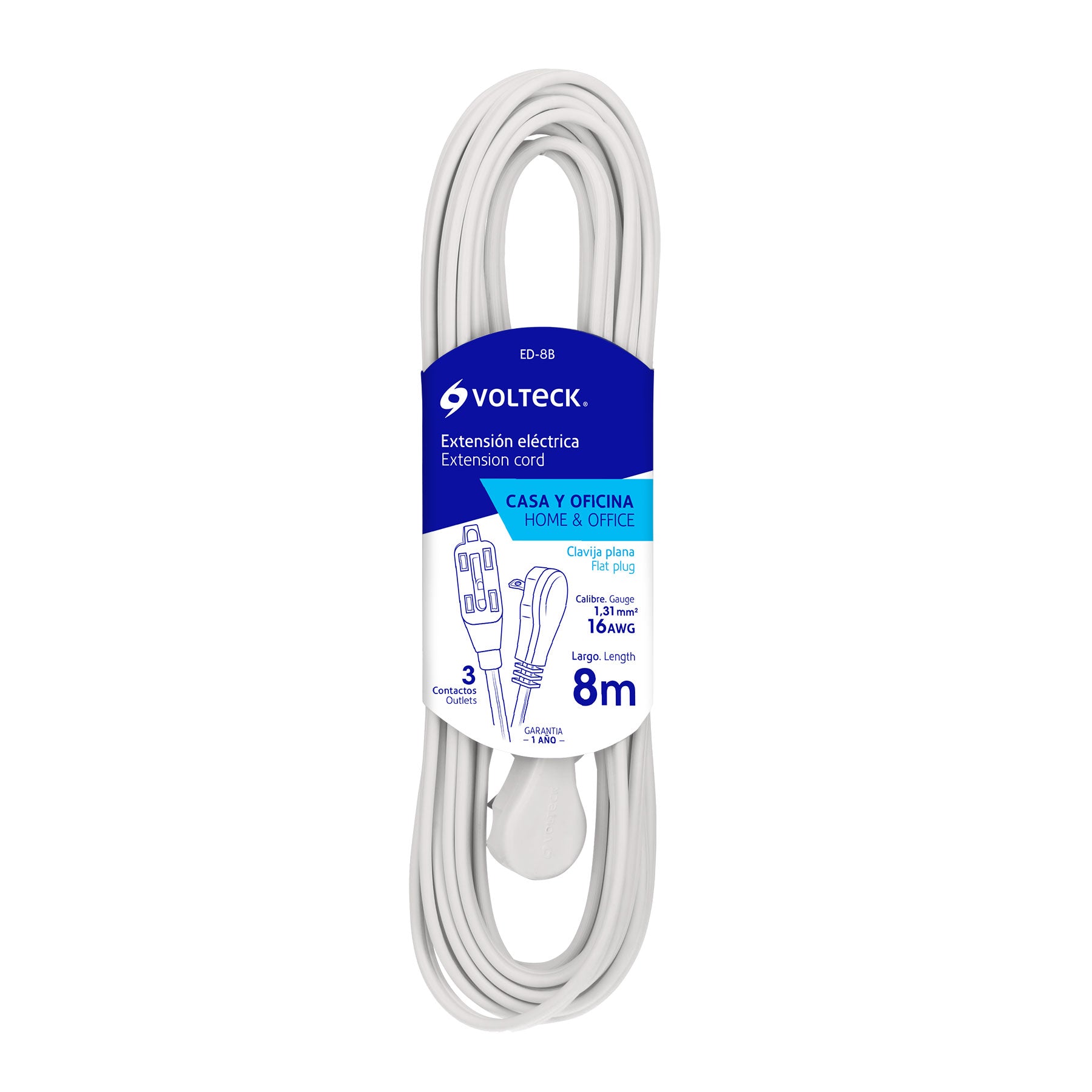 Domestic electrical extension 8 m white with flat plug / 48030