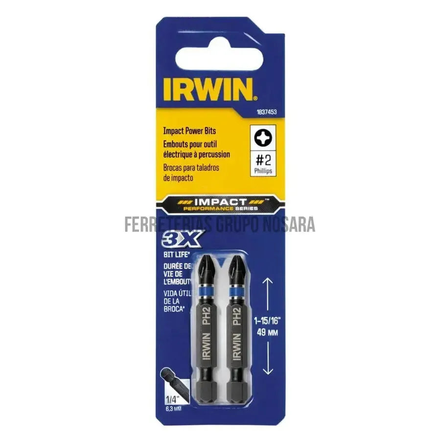 Punta para desatornillador phillips #2 PH x 2" Irwin / IWAF32PH22 (sust. 1837453) (2 por paquete)-