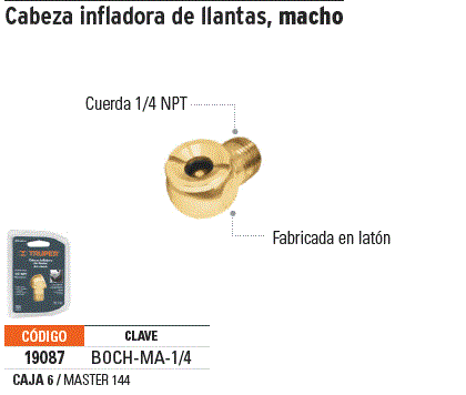 Cabeza infladora de llantas, macho, cuerda 1/4 NPT / 19087-