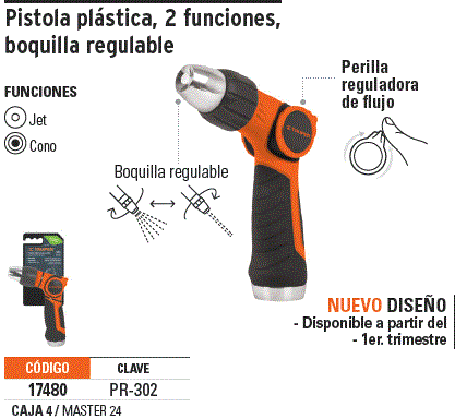 Pistola para riego 2 funciones plástica, boquilla regulable / 17480-
