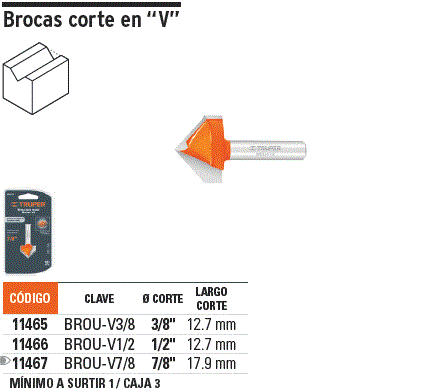 Broca para router, corte en "V", 3/8", Truper /  11465