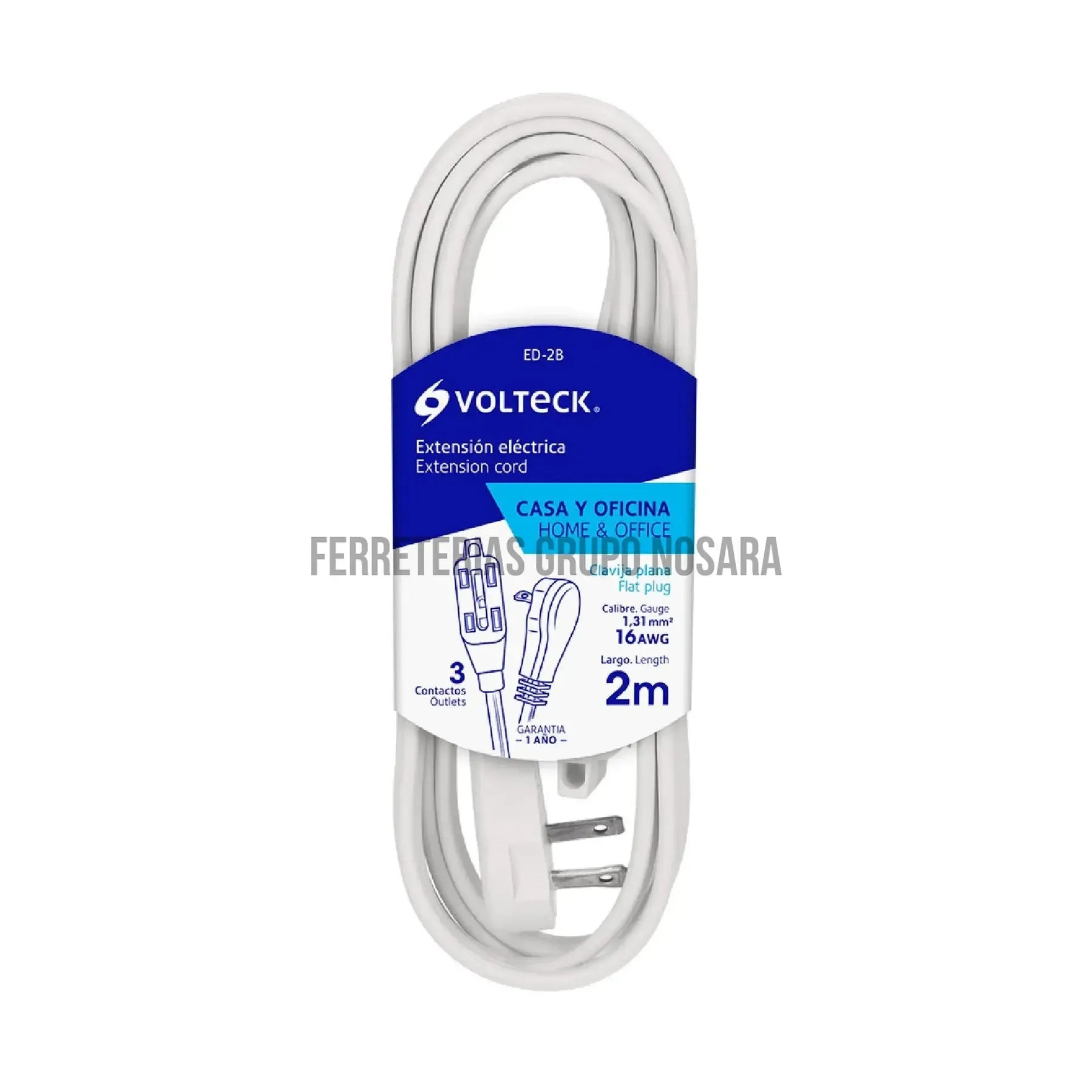 Extensión eléctrica doméstica 2 m blanca con clavija plana / 48000-034637-7501206663493