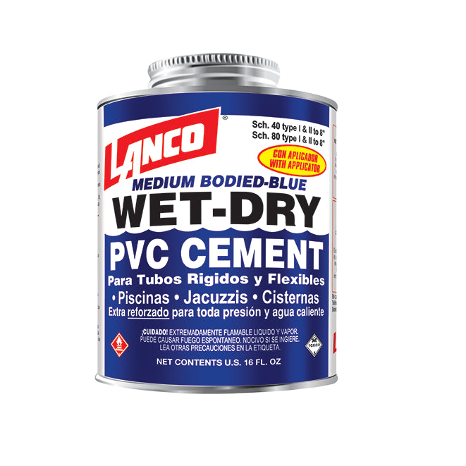 PVC glue hot and cold water Wet-Dry blue 1/8 gallon Lanco SM248-6