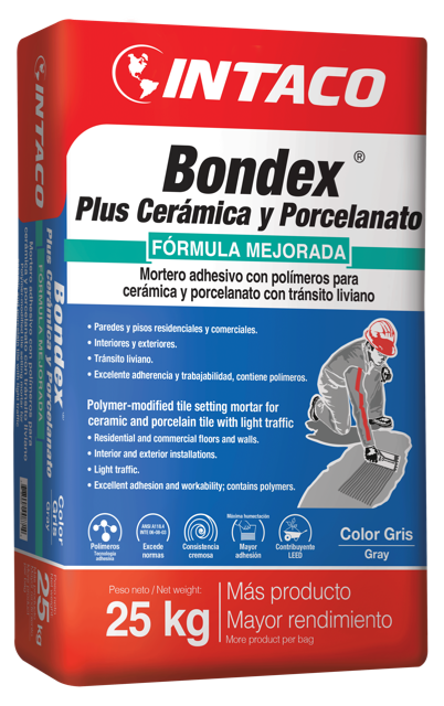 MORTERO ADHESIVO BONDEX PLUS CERÁMICA Y PORCELANATO SACO 25 KG INTACO (GRIS)