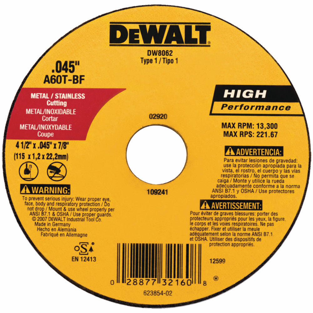 METAL CUTTING DISC 4-1/2″ X 1/16 FLAT (FINE) DW8062Z DEWALT