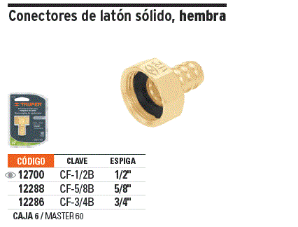 Conector 3/4' hembra de latón sólido para manguera, Truper / 12286