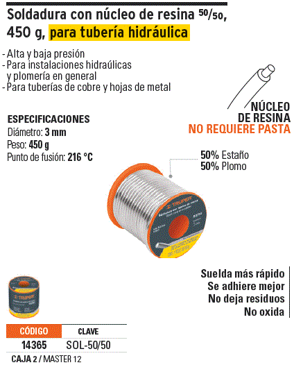 Soldadura con núcleo resina 50/50, tubería hidráulica, 450 g / 14365-