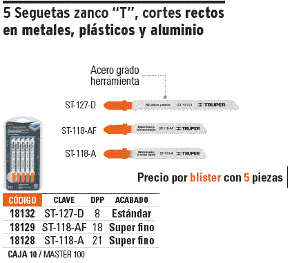 Blíster con 5 seguetas 21 DPP zanco "T" corte recto metal / 18128-