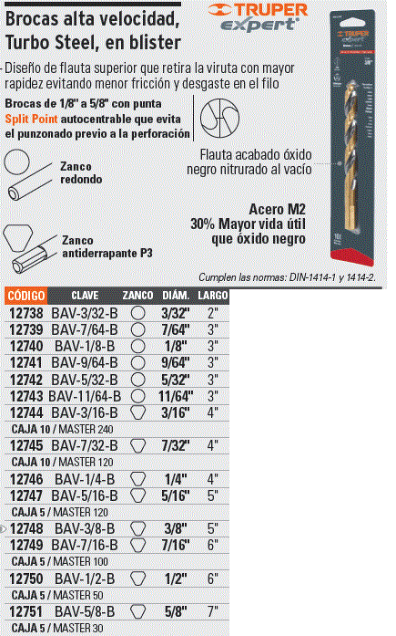 Broca HSS 3/8" Trugold para metal en blíster TRUPER / 12748-