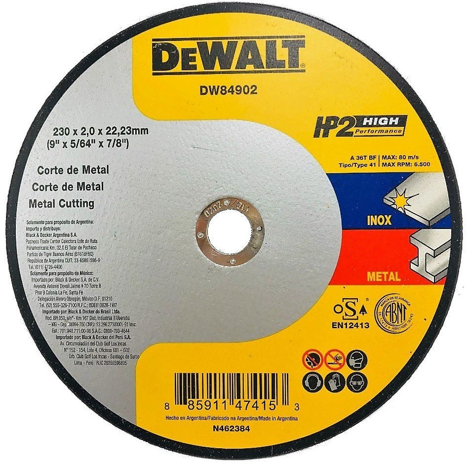 Metal Abrasive Cutting Disc 9" x 2.0 mm Flat Heavy Duty HP2 Dewalt DW84902