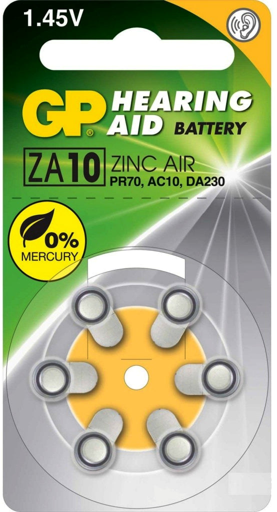 Zinc hearing aid battery 1.4V ZA10 / PR70 GP (6 per pack)