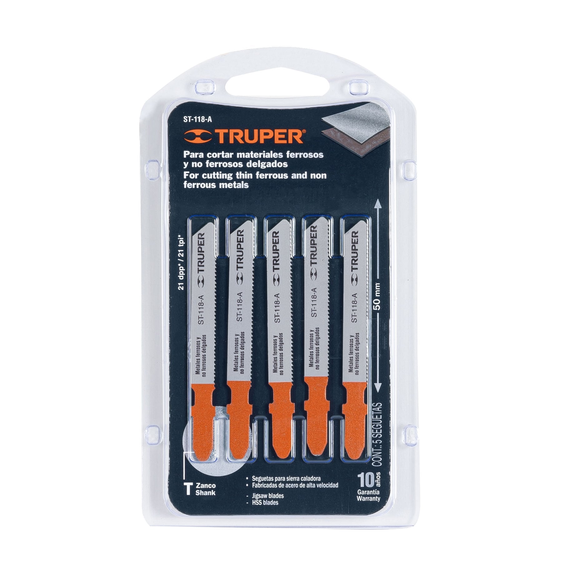 Blister pack with 5 blades 21 DPP "T" shank straight cut metal / 18128