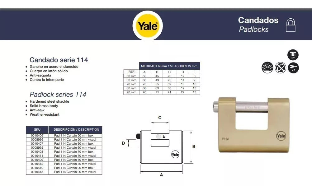 YALE PADLOCK FOR CURTAIN Y114-60MM