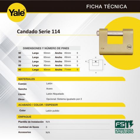 YALE BRONZE SECURITY PADLOCK FOR CURTAIN / Y114-90/127