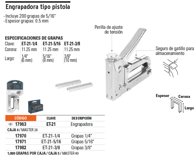 Caja con 1000 grapas 1/4" corona 11.3 mm para ET-21, Truper / 17970